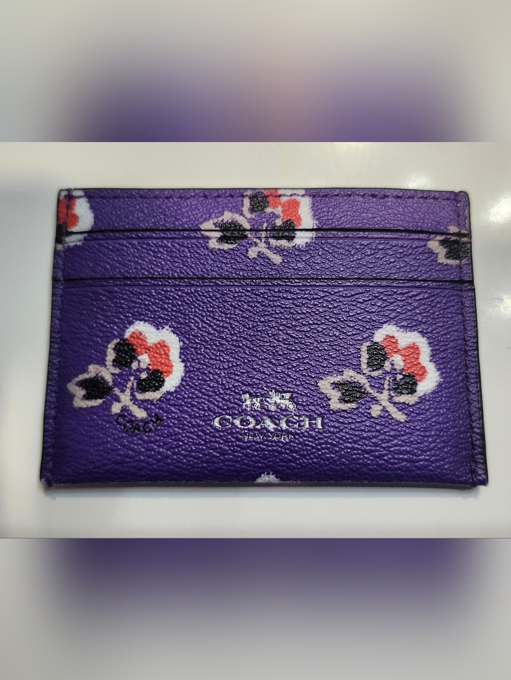 Like New Authentic Coach Grape Purple Bramble Rose Leather Card Case with Silver